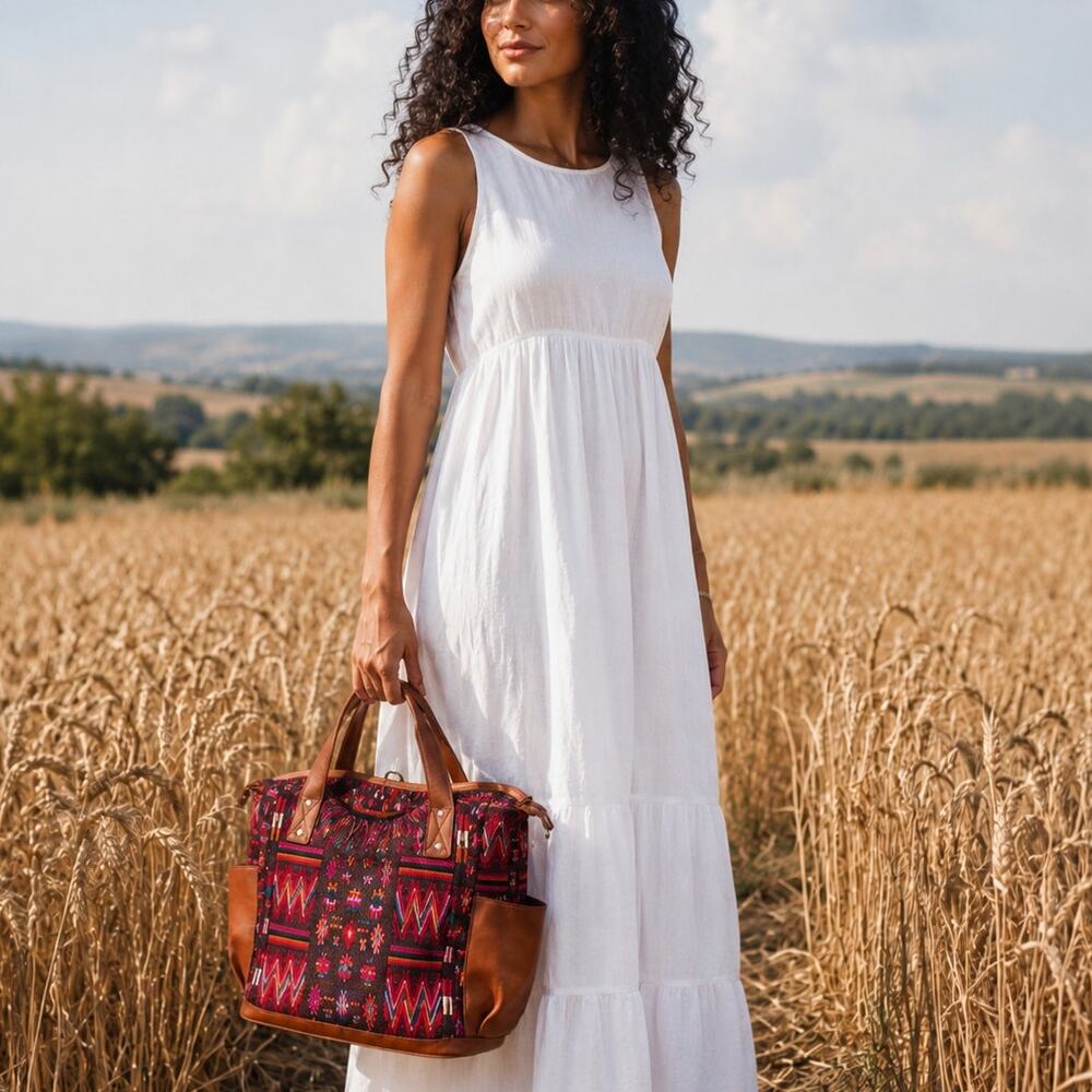 Nena & Co. Brown Leather-Trim Tote with Multicolor Geometric Weave